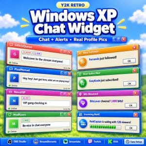 Windows XP Style Twitch Chat Widget with Alerts | Y2K Retro Chat Box Overlay, Real Profile Pics, Nostalgic 2000s PC | StreamElements OBS