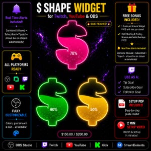 Dollar Tip Goal Widget for Twitch OBS | Donation Sub Follower Wave Overlay | StreamElements Stream Alert Widget | OBS Kick Youtube