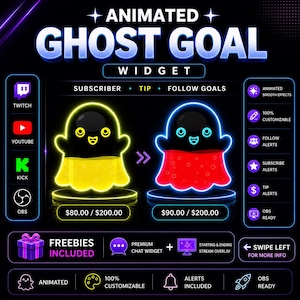 May include: An animated ghost goal widget for streaming platforms featuring two glowing ghost characters in yellow and red. The graphic includes text labels for subscriber, tip, and follow goals, platform icons for Twitch, YouTube, Kick, and OBS, and lists of included features like alerts and overlays.