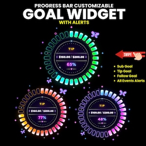 Peut inclure: Un widget de barre de progression personnalisable avec alertes, présentant trois affichages circulaires aux dégradés néon, des icônes de papillons et du texte incluant "PROGRESS BAR CUSTOMIZABLE GOAL WIDGET WITH ALERTS", "TIP", "$160.00 / $200.00", "65%", "77%", "$109.00 / $200.00", "48%", "SWIPE", "Sub Goal", "Tip Goal", "Follow Goal" et "All Events Alerts".