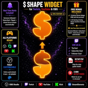 May include: A digital $ SHAPE WIDGET graphic for Twitch, YouTube, and OBS featuring two glowing orange dollar signs with a central arrow. The design includes text boxes detailing real-time alerts, platform compatibility, customization options, and setup guides.
