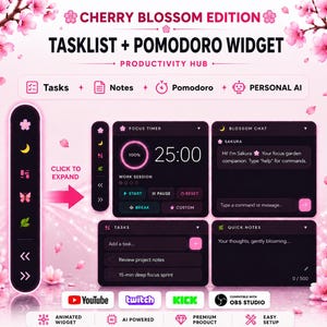Smart Tasklist Widget Twitch OBS | Pomodoro Timer To Do List Cherry Blossom | Study Stream Overlay StreamElements | Instant Download