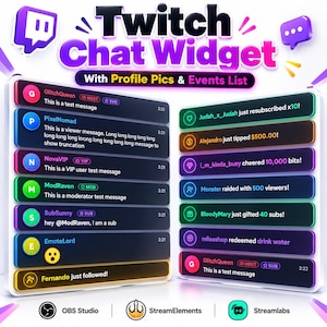 Könnte beinhalten: Ein Twitch-Chat-Widget mit zwei vertikalen Listen von dunkel gestalteten Chat-Nachrichten und Ereignisbenachrichtigungen mit farbigen Profilsymbolen, Benutzernamen und Text. Enthält Logos für OBS Studio, StreamElements und Streamlabs.