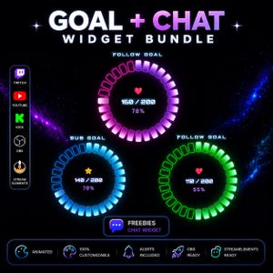 Puede incluir: Un gráfico digital Goal + Chat Widget Bundle que presenta tres barras de progreso circulares en morado, azul y verde con iconos de corazón y estrella. Incluye logotipos de plataformas para Twitch, YouTube, Kick, OBS y StreamElements, además de etiquetas de texto para objetivos y características como animado, personalizable y alertas incluidas.