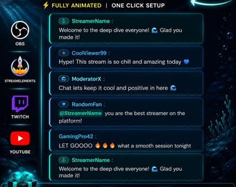May include: An animated Ocean Depth chat widget for streaming platforms. The interface features dark blue translucent message boxes with neon cyan borders. Text includes StreamerName, CoolViewer99, ModeratorX, RandomFan, and GamingPro42.
