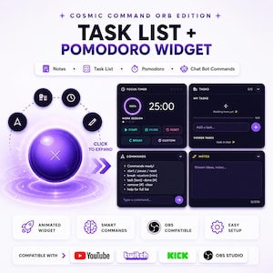 May include: A digital Cosmic Command Orb Edition task list and Pomodoro widget interface. The display features a glowing purple orb, a focus timer, a task manager, a command list, and a notes section. Text includes "Task List + Pomodoro Widget" and "Click to Expand".