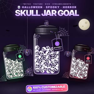 May include: Three glass jars filled with white skull icons against a dark purple background. Each jar features a black lid, a hanging tag with a username, and a spider graphic. Text includes "SKULL JAR GOAL" and "100% CUSTOMIZABLE".