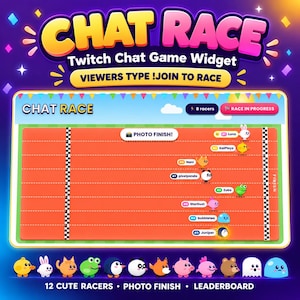 May include: A digital Twitch chat game widget titled CHAT RACE featuring a red racetrack with eight cartoon animal avatars competing. The interface displays text including VIEWERS TYPE !JOIN TO RACE, PHOTO FINISH, and 12 CUTE RACERS.