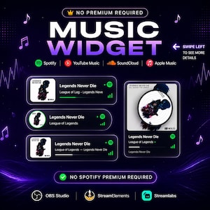 Puede incluir: Un widget de música digital que muestra el texto MUSIC WIDGET y NO PREMIUM REQUIRED. Presenta múltiples diseños de interfaz de reproductor de Spotify con la canción Legends Never Die, junto con iconos de Spotify, YouTube Music, SoundCloud y Apple Music.