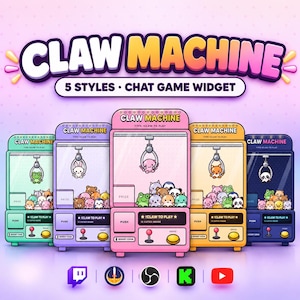May include: A digital graphic featuring five colorful claw machine game widgets for chat, labeled CLAW MACHINE. Each machine displays a different color scheme, a central claw, various small animal prizes, and buttons labeled PUSH, INSERT COIN, and GRAB.