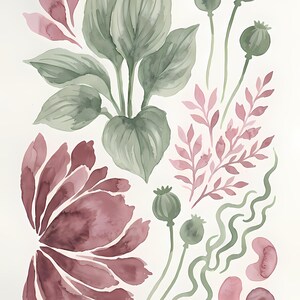 Poppy Leaves Botanical Print | Dusty Mauve Sage Green Watercolor (Digital Download) | Wall Art image 6