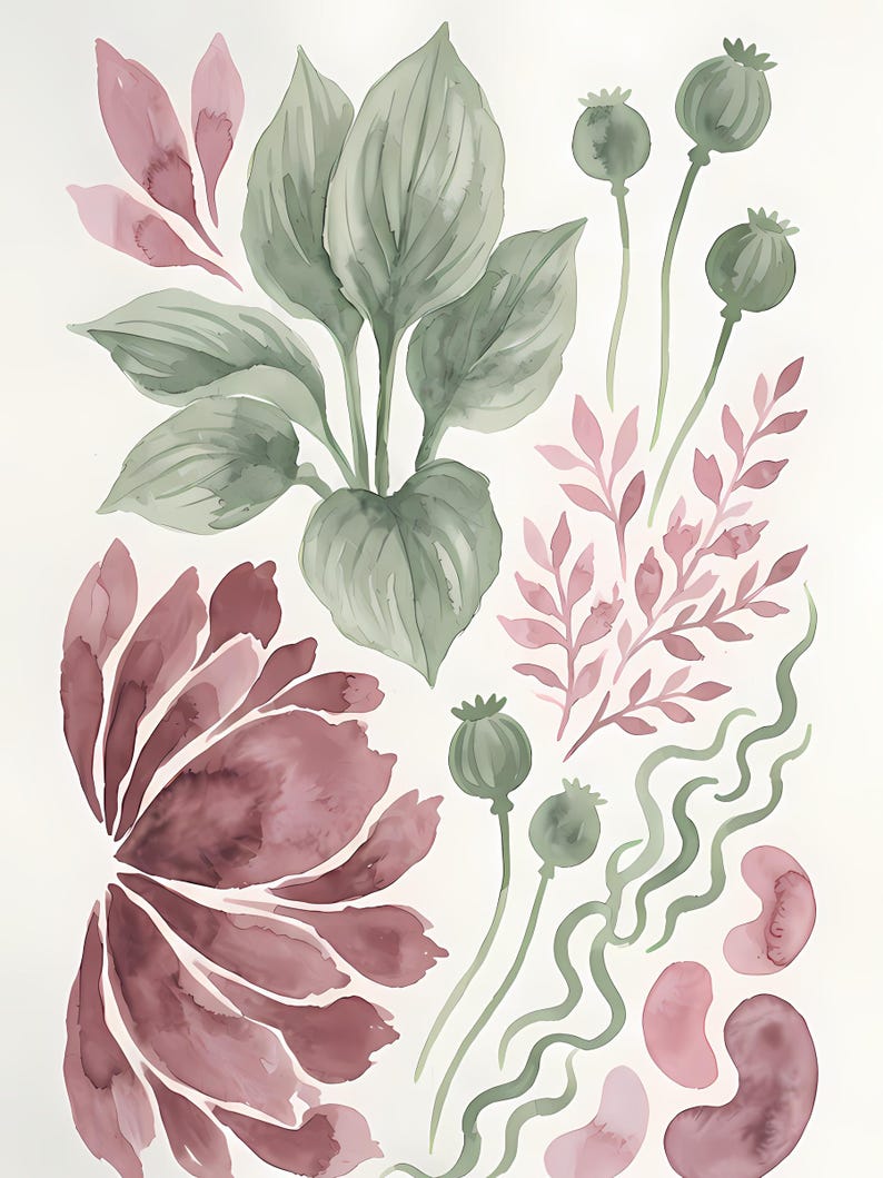 Poppy Leaves Botanical Print | Dusty Mauve Sage Green Watercolor (Digital Download) | Wall Art image 6