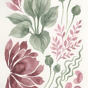 May include: A watercolour illustration featuring a collection of botanical elements including large green leaves, a cluster of dark pink petals, slender stems with green seed pods, delicate pink fern-like foliage, and wavy green lines with pink shapes.