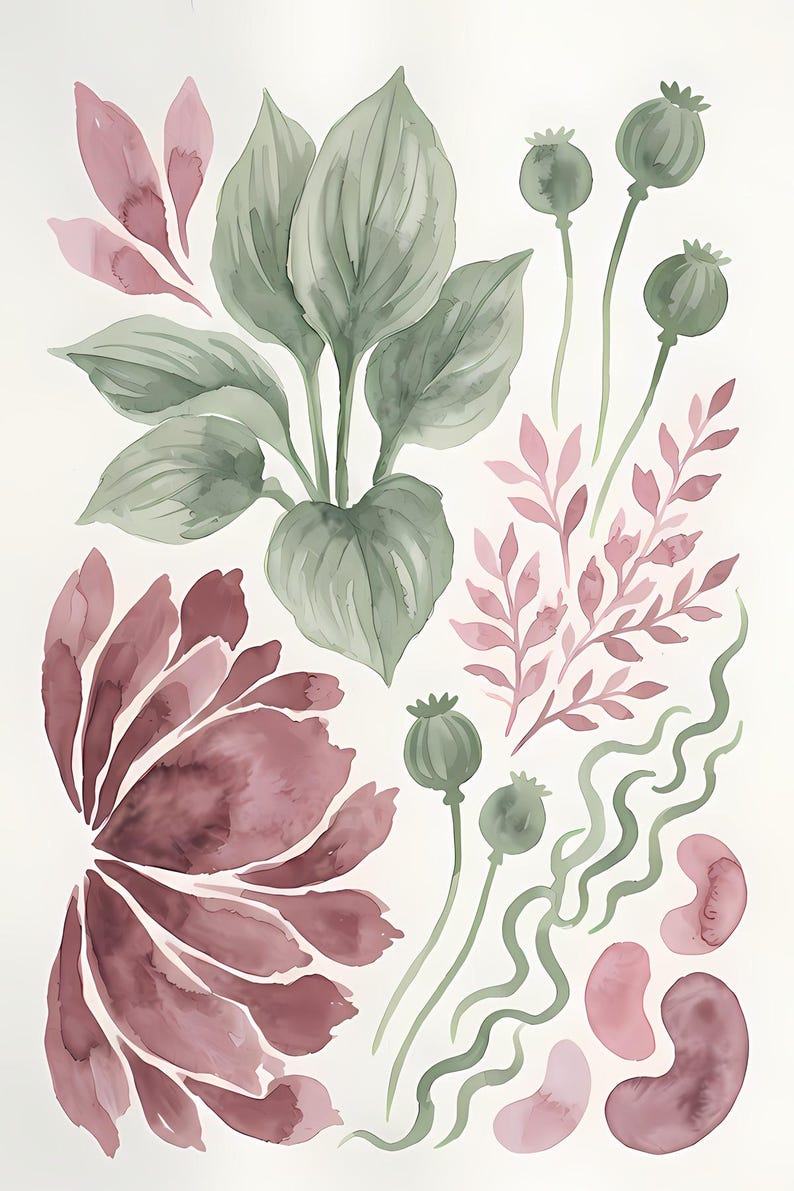 May include: A watercolour illustration featuring a collection of botanical elements including large green leaves, a cluster of dark pink petals, slender stems with green seed pods, delicate pink fern-like foliage, and wavy green lines with pink shapes.