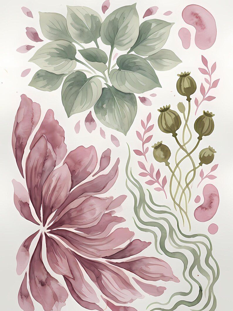 K&ouml;nnte beinhalten: Eine Aquarellillustration mit einer Ansammlung salbeigr&uuml;ner, hosta-artiger Bl&auml;tter, einer gro&szlig;en malvenfarbenen Blume mit l&auml;nglichen Bl&uuml;tenbl&auml;ttern, mehreren olivgr&uuml;nen Mohnkapseln an d&uuml;nnen Stielen, rosafarbenen Zweigen und hellgr&uuml;nen Wellenlinien auf wei&szlig;em Grund.