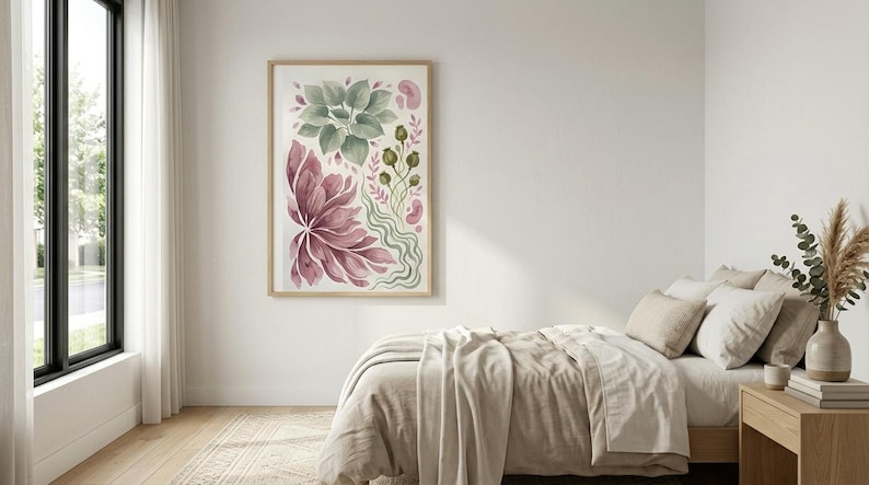 K&ouml;nnte beinhalten: Ein gerahmter vertikaler Wandkunstdruck mit einer Aquarellillustration botanischer Elemente, darunter gro&szlig;e salbeigr&uuml;ne Bl&auml;tter, tiefviolette Bl&uuml;tenbl&auml;tter, d&uuml;nne gr&uuml;ne St&auml;ngel mit kleinen runden Knospen und wellenf&ouml;rmige gr&uuml;ne Linien auf wei&szlig;em Hintergrund.