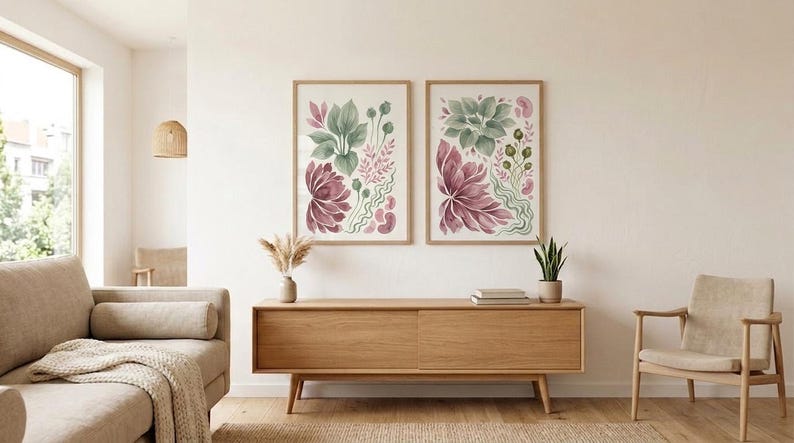 K&ouml;nnte beinhalten: Zwei gerahmte Wandbilder mit botanischen Aquarellillustrationen in gedeckten Gr&uuml;n-, Altrosa- und Dunkelburgundert&ouml;nen. Die Kunstwerke zeigen verschiedene stilisierte Bl&auml;tter, florale Formen und organische Pflanzenmotive auf wei&szlig;em Grund.