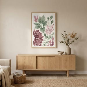Poppy Leaves Botanical Print | Dusty Mauve Sage Green Watercolor (Digital Download) | Wall Art image 1