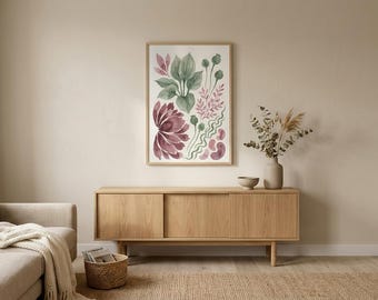 Poppy Leaves Botanical Print | Dusty Mauve Sage Green Watercolor (Digital Download) | Wall Art