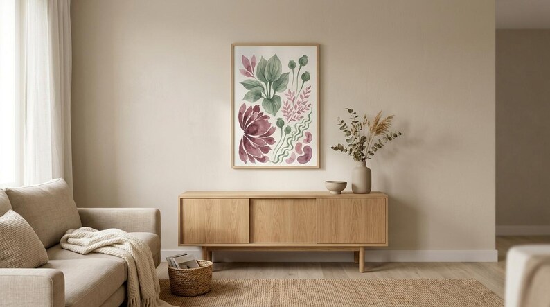 Poppy Leaves Botanical Print | Dusty Mauve Sage Green Watercolor (Digital Download) | Wall Art image 1