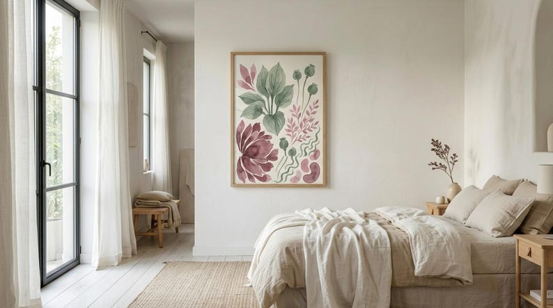 May include: A framed vertical wall art print featuring a watercolour illustration of botanical elements including large green leaves, a deep burgundy flower, and smaller pink and green sprigs, displayed on a plain white wall above a bed.