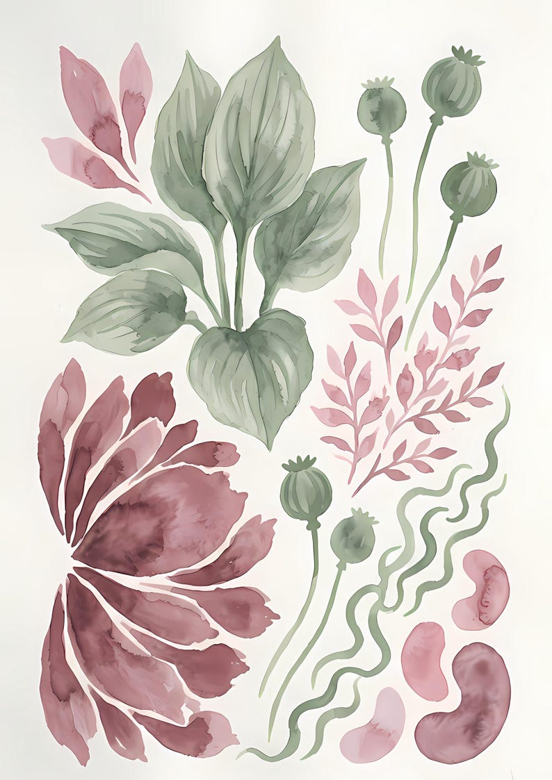 May include: A watercolour illustration featuring a collection of botanical elements including large green hosta-like leaves, a dark mauve flower, several green poppy seed pods, delicate pink leafy sprigs, wavy green stems, and small mauve shapes.