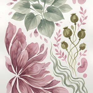 K&ouml;nnte beinhalten: Eine Aquarellillustration mit einem B&uuml;schel salbeigr&uuml;ner Bl&auml;tter, einer gro&szlig;en malvenfarbenen Blume mit l&auml;nglichen Bl&uuml;tenbl&auml;ttern und einer Gruppe olivgr&uuml;ner Mohnkapseln an d&uuml;nnen Stielen. Erg&auml;nzt durch kleine rosa Bl&uuml;tenbl&auml;tter und wellige gr&uuml;ne Linien.