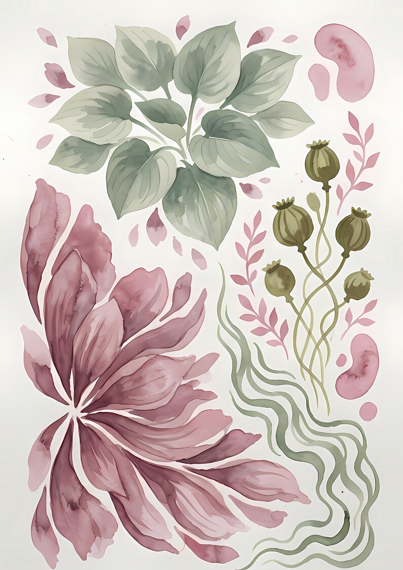K&ouml;nnte beinhalten: Eine Aquarellillustration mit einem B&uuml;schel salbeigr&uuml;ner Bl&auml;tter, einer gro&szlig;en malvenfarbenen Blume mit l&auml;nglichen Bl&uuml;tenbl&auml;ttern und einer Gruppe olivgr&uuml;ner Mohnkapseln an d&uuml;nnen Stielen. Erg&auml;nzt durch kleine rosa Bl&uuml;tenbl&auml;tter und wellige gr&uuml;ne Linien.