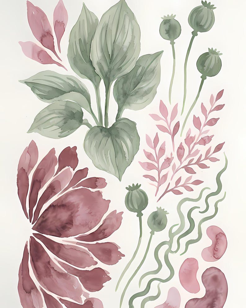 May include: A watercolour illustration featuring a large cluster of sage green leaves, a dark mauve flower, several green poppy seed pods on thin stems, delicate pink fern-like foliage, and abstract wavy green lines and soft pink organic shapes.