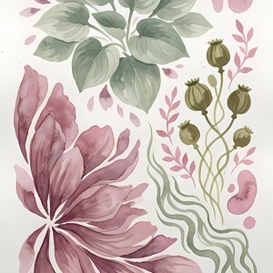 K&ouml;nnte beinhalten: Eine Aquarellillustration mit einer gro&szlig;en Ansammlung salbeigr&uuml;ner Bl&auml;tter, einer markanten altrosa Blume mit l&auml;nglichen Bl&uuml;tenbl&auml;ttern, mehreren olivgr&uuml;nen Mohnkapseln an d&uuml;nnen Stielen und wellenf&ouml;rmigen gr&uuml;nen Linien auf wei&szlig;em Grund.