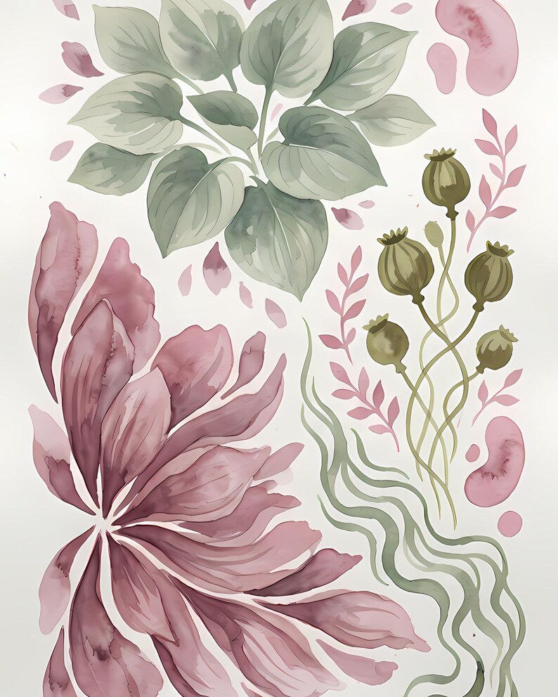 K&ouml;nnte beinhalten: Eine Aquarellillustration mit einer gro&szlig;en Ansammlung salbeigr&uuml;ner Bl&auml;tter, einer markanten altrosa Blume mit l&auml;nglichen Bl&uuml;tenbl&auml;ttern, mehreren olivgr&uuml;nen Mohnkapseln an d&uuml;nnen Stielen und wellenf&ouml;rmigen gr&uuml;nen Linien auf wei&szlig;em Grund.