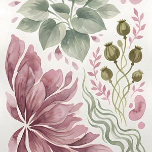 K&ouml;nnte beinhalten: Eine Aquarellillustration mit einer Ansammlung salbeigr&uuml;ner Bl&auml;tter, einer gro&szlig;en malvenfarbenen Blume mit l&auml;nglichen Bl&uuml;tenbl&auml;ttern, f&uuml;nf olivgr&uuml;nen Mohnkapseln an d&uuml;nnen Stielen, wellenf&ouml;rmigen gr&uuml;nen Linien und verstreuten rosa Bl&uuml;tenbl&auml;ttern.