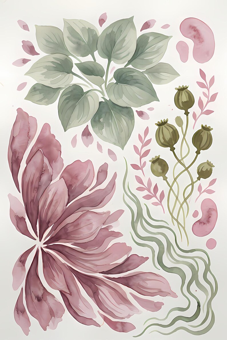 K&ouml;nnte beinhalten: Eine Aquarellillustration mit einer Ansammlung salbeigr&uuml;ner Bl&auml;tter, einer gro&szlig;en malvenfarbenen Blume mit l&auml;nglichen Bl&uuml;tenbl&auml;ttern, f&uuml;nf olivgr&uuml;nen Mohnkapseln an d&uuml;nnen Stielen, wellenf&ouml;rmigen gr&uuml;nen Linien und verstreuten rosa Bl&uuml;tenbl&auml;ttern.