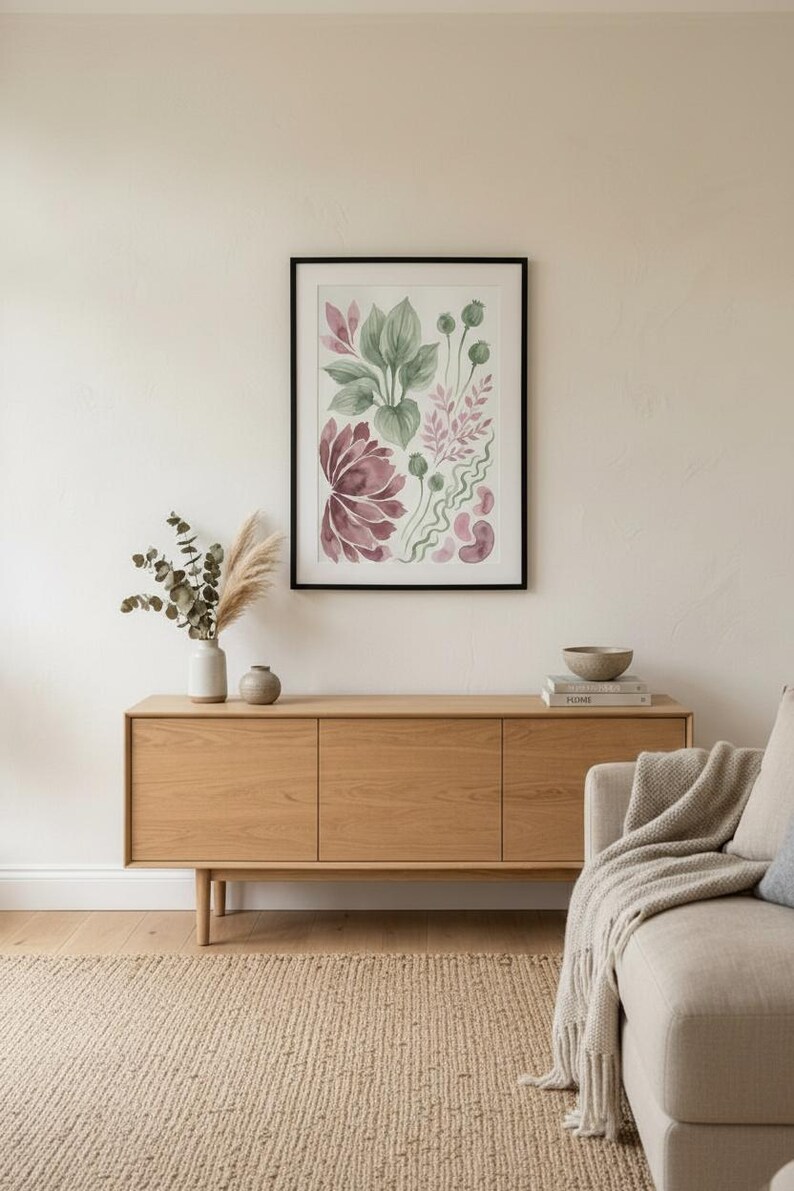 May include: A framed wall art print featuring a watercolour botanical illustration with various green leaves, pinkish-purple flower petals, and abstract wavy shapes on a white background, enclosed in a thin black rectangular frame.