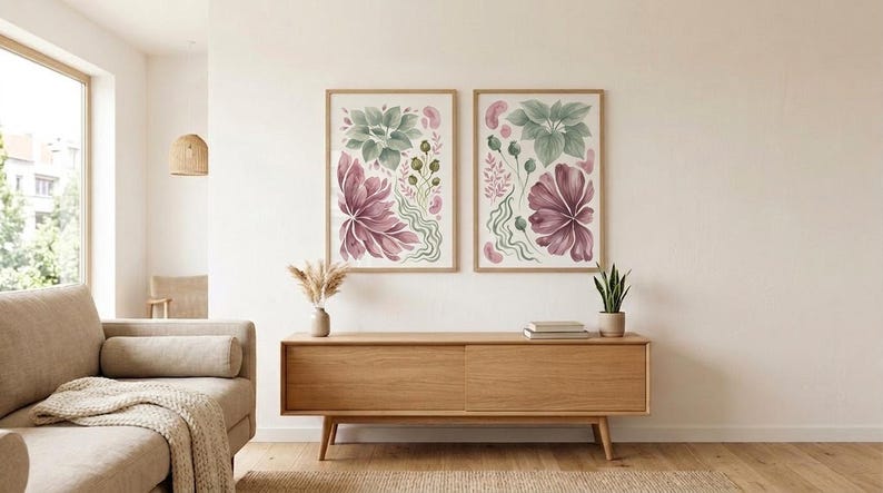 May include: Two framed wall art prints featuring botanical illustrations in muted tones of dusty rose, sage green, and cream. The artwork displays stylised floral and leaf motifs arranged in a vertical composition within light wood frames.