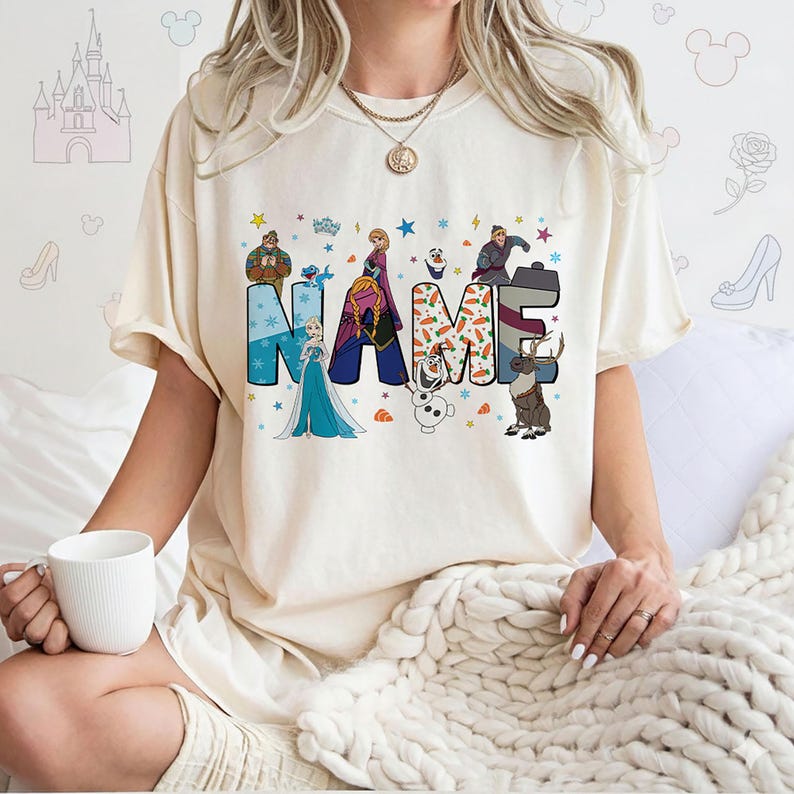 Personalized Frozen Inspired Name T-Shirt: Elsa, Olaf, Sven Characters image 1