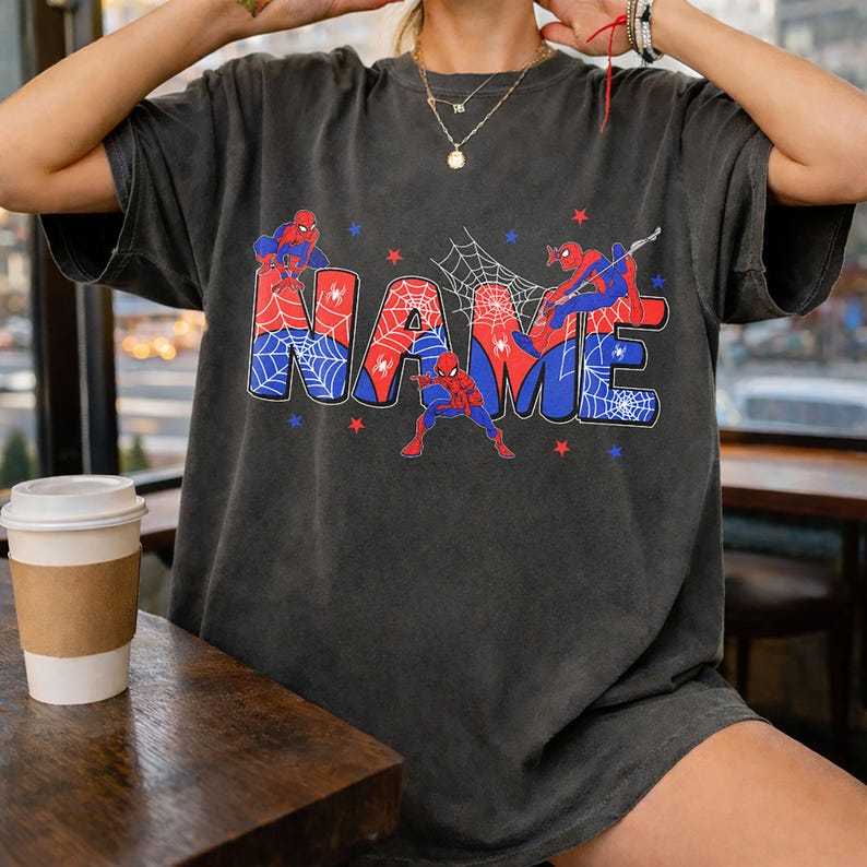 Custom Spiderman Name T-Shirt: Personalized Superhero Fan Apparel image 3