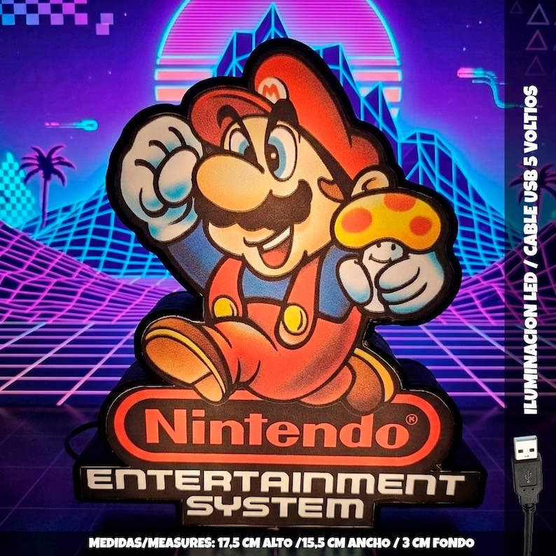 May include: A Nintendo Entertainment System LED light featuring a graphic of Mario holding a mushroom. The base displays the Nintendo logo. It includes a USB cable and measures 17.5 cm high, 15.5 cm wide, and 3 cm deep as stated on the product.