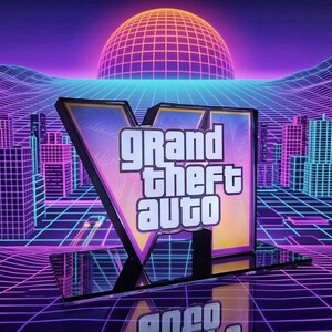 May include: A 3D sign featuring the text Grand Theft Auto VI in white block letters with a black outline, set against a vibrant purple and blue grid landscape with a glowing sun, all mounted on a reflective black base for a display piece.