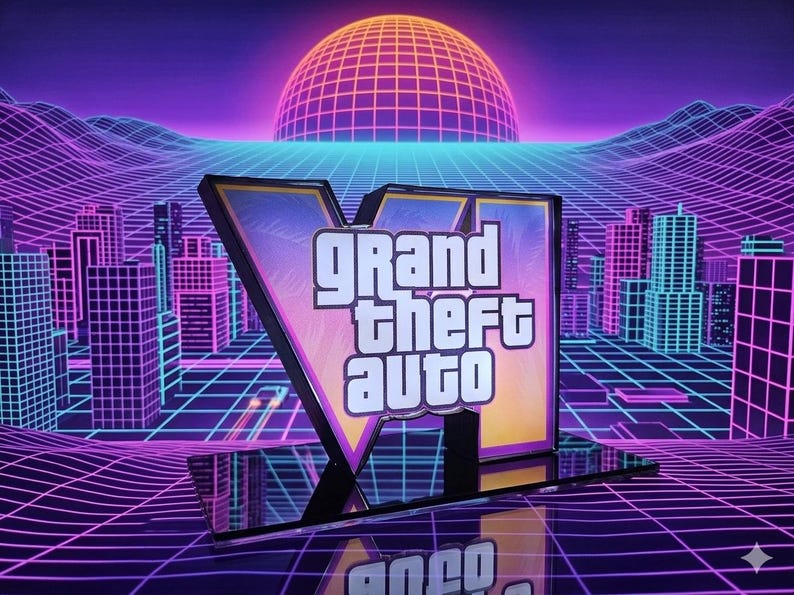 May include: A 3D sign featuring the text Grand Theft Auto VI in white block letters with a black outline, set against a vibrant purple and blue grid landscape with a glowing sun, all mounted on a reflective black base for a display piece.