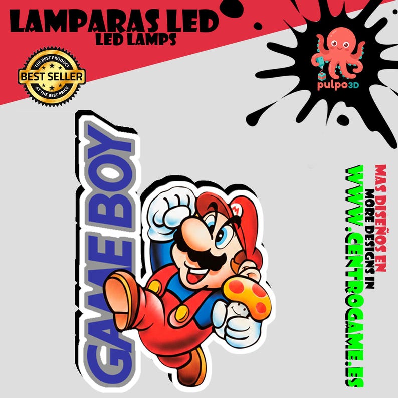 May include: A graphic design featuring the text GAME BOY in blue letters next to a colorful illustration of Mario jumping and holding a yellow mushroom. The image includes a best seller badge, a pink octopus logo, and the text MAS DISE&Ntilde;OS EN WWW.CENTROGAME.ES.