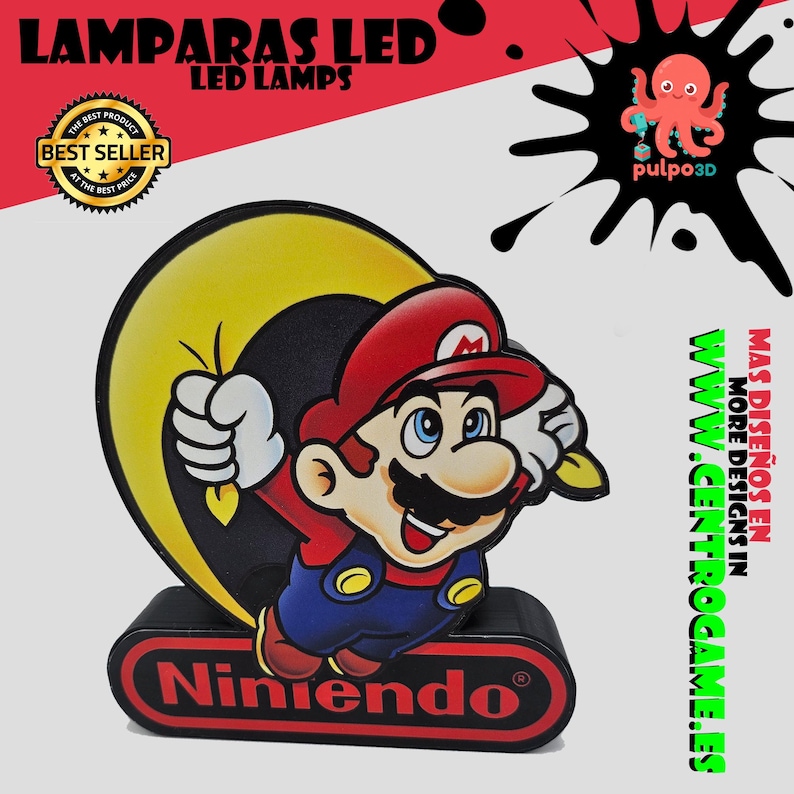 May include: A decorative LED lamp featuring a colorful graphic of Mario jumping in front of a large yellow circle. The lamp base is black with a red oval containing the text Nintendo. The design includes a best seller badge and an octopus logo.
