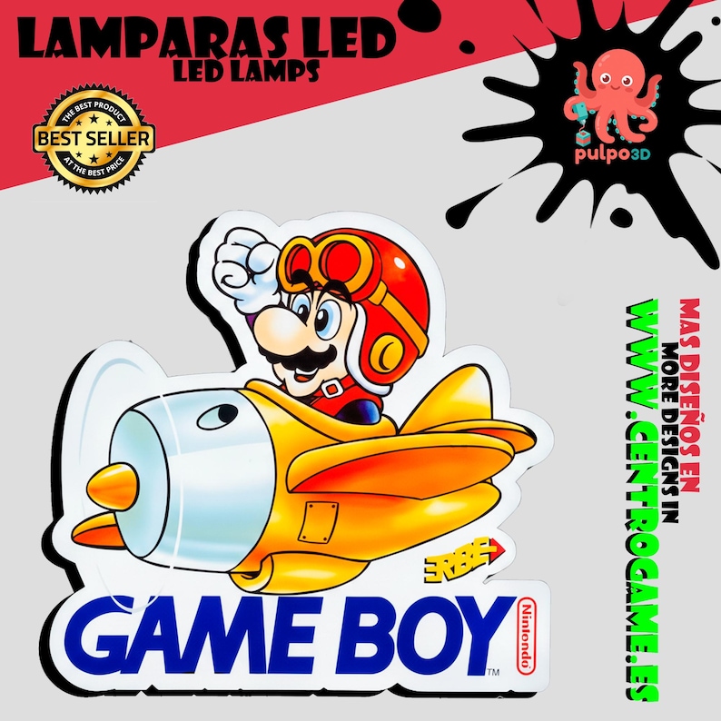 May include: A decorative LED lamp featuring a graphic of Mario wearing a red pilot helmet and goggles, flying a yellow airplane. The design includes the text GAME BOY in blue letters, a best seller badge, and a black octopus logo with the text pulpo3D.