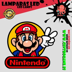 May include: A graphic design featuring a cartoon Mario character wearing a red hat and blue shirt, set against a yellow circle. Below is a red Nintendo logo. The image includes text: LAMPARAS LED, BEST SELLER, pulpo3D, and MAS DISE&Ntilde;OS EN WWW.CENTROGAME.ES.