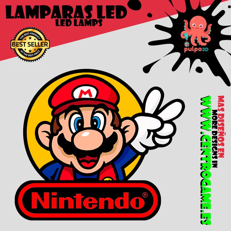 May include: A graphic design featuring a cartoon Mario character wearing a red hat and blue shirt, set against a yellow circle. Below is a red Nintendo logo. The image includes text: LAMPARAS LED, BEST SELLER, pulpo3D, and MAS DISE&Ntilde;OS EN WWW.CENTROGAME.ES.