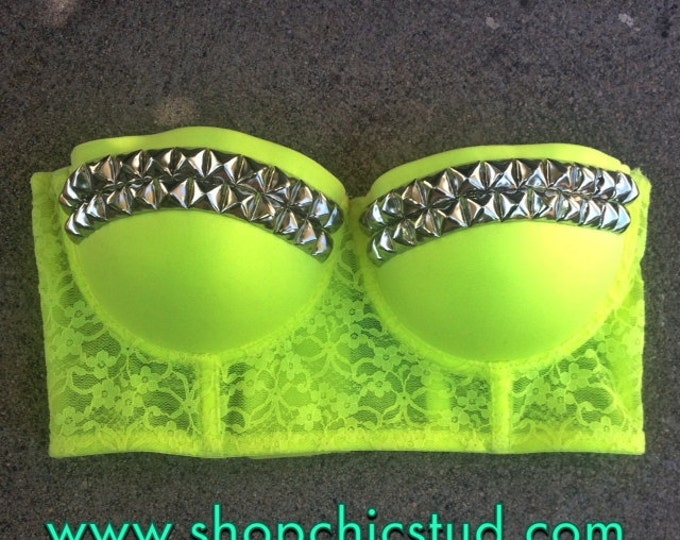 Studded Bustier Longline Bra Crop Top Neon Yellow Lace - Etsy