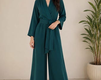 Emerald Green Wrap Jumpsuit | Wide Leg V-Neck Belted Party Outfit