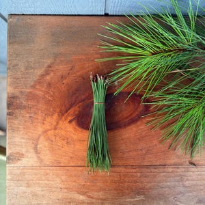 May include: A small, tightly bound bundle of long, slender green pine needles secured with a thin brown wire, positioned next to a larger, loose cluster of vibrant green pine needles with long, thin, pointed foliage.