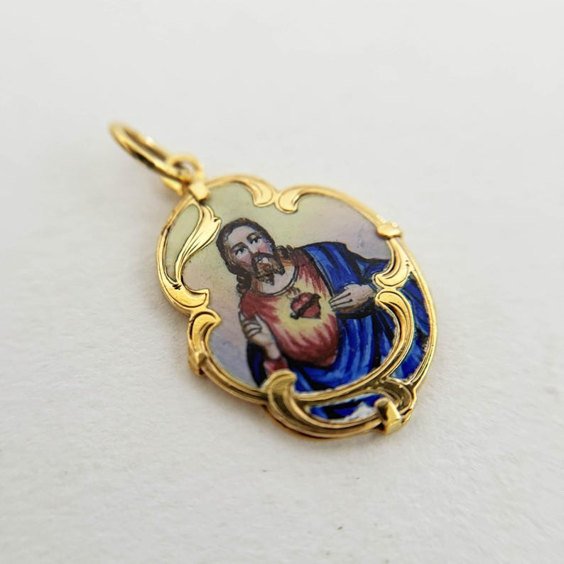 Vintage 14K Gold Sacred Heart of Jesus Enamel Pendant - Etsy