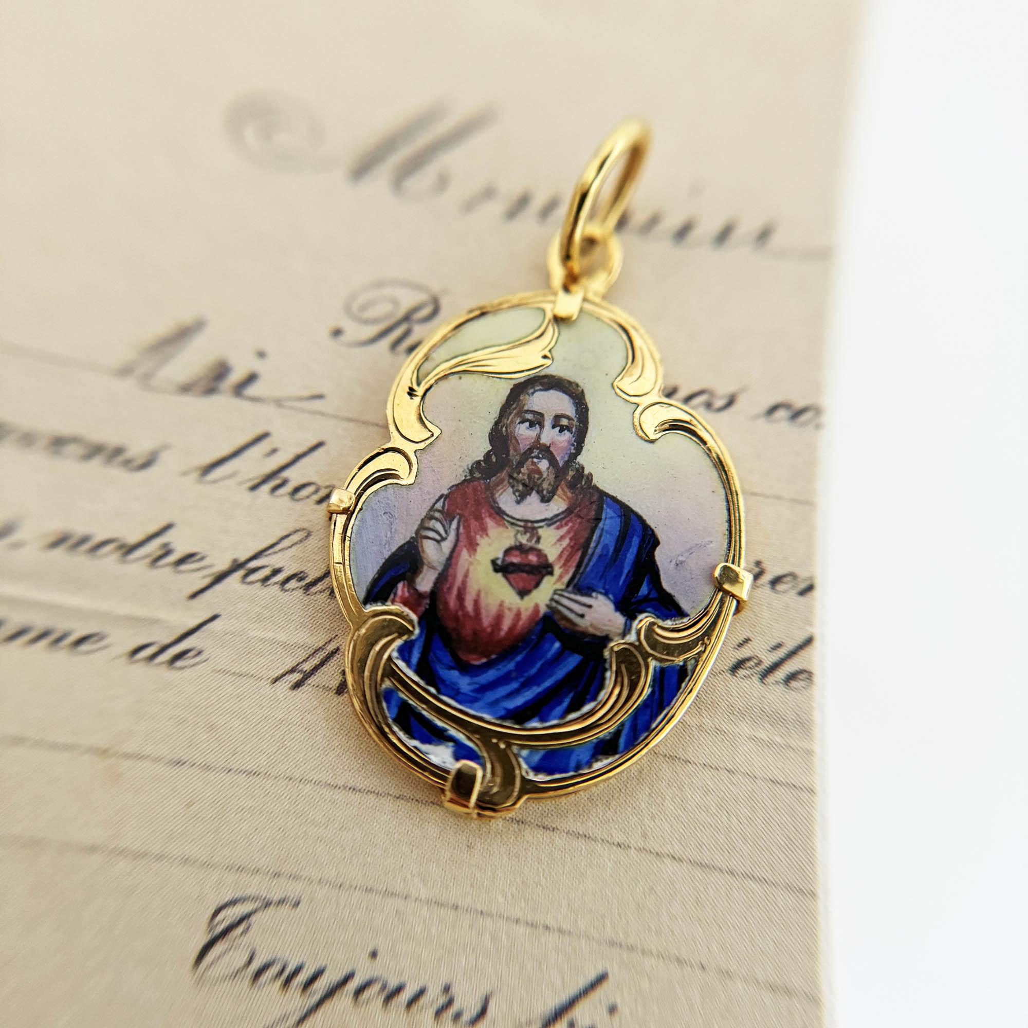 Vintage 14K Gold Sacred Heart of Jesus Enamel Pendant - Etsy